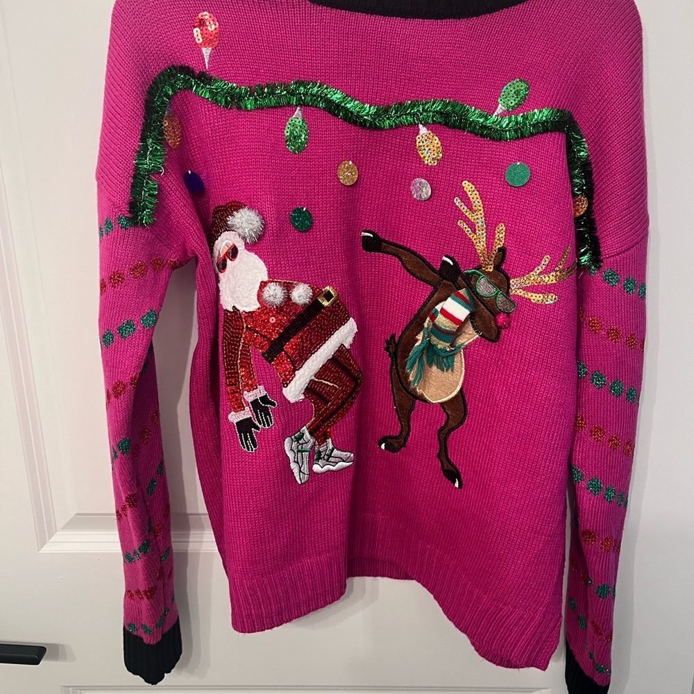 Festive Pink Christmas Sweater with Santa and Reindeer Design - Picture 3 of 8